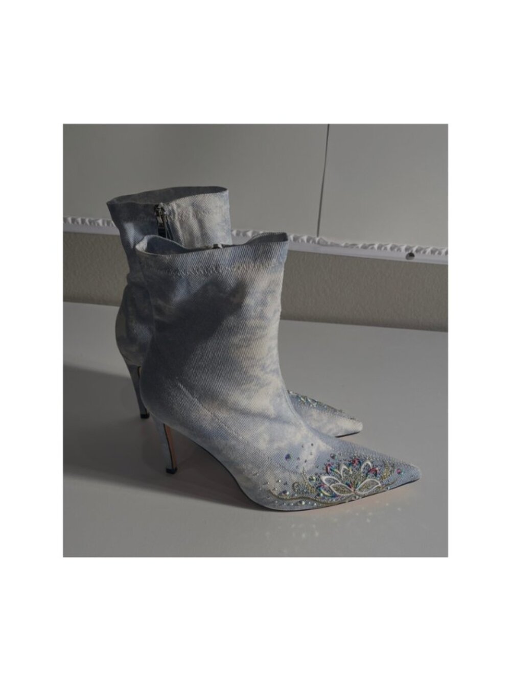 Elegant Baby Blue Embroidered Boot Heels